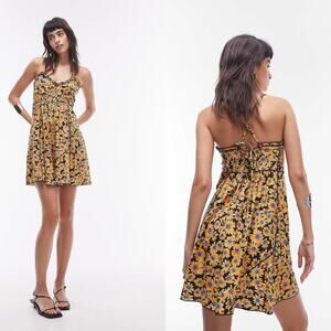 NWOT Topshop Strappy Ruched Waist Mini Yellow Floral Dress Size 6